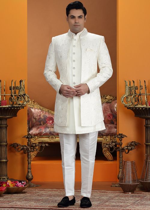 Cream Indo Western Sherwani With Thread Detailing