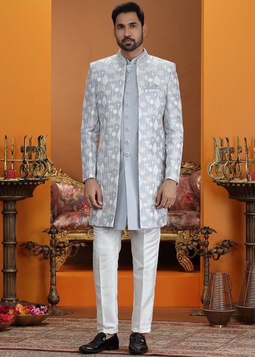 Grey Art Silk Indo Western Sherwani With Thread Accent