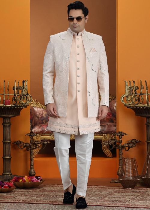 Peach Art Silk Indo Western Sherwani With Thread Work
