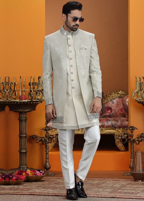 Grey Art Silk Indo Western Sherwani With Sequins