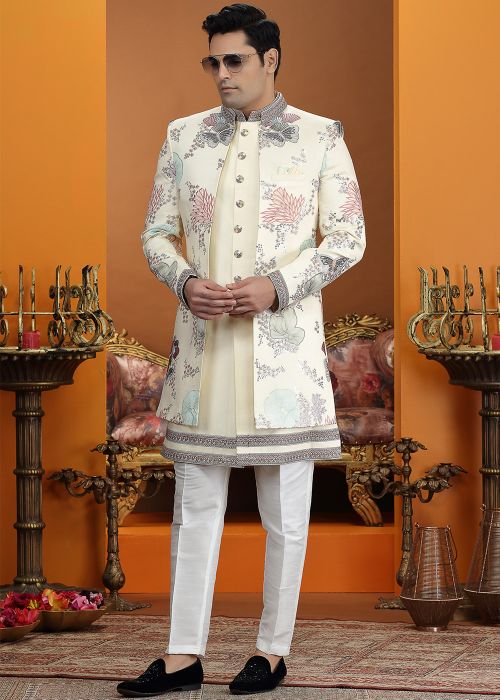 Cream Floral Art Silk Indo Western Sherwani Set