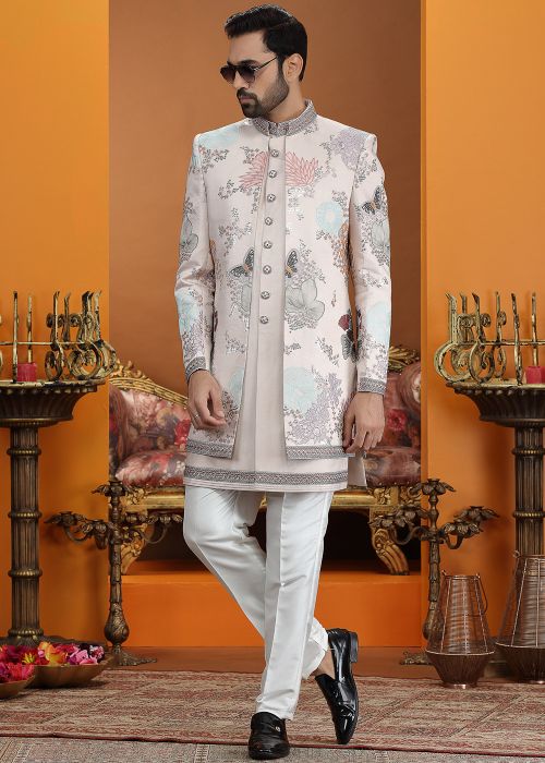 Light Peach Indo Western Sherwani With Floral Embroidery