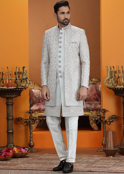 Light Mint Green Indo Western Sherwani With Motif Work