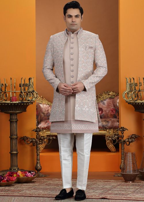 Mauve Pink Indo Western Sherwani With Thread Embroidery