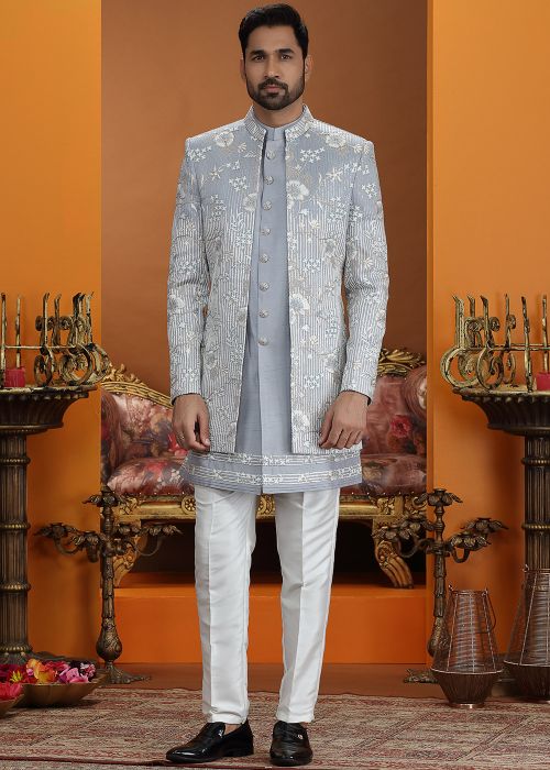 Grey Art Silk Indo Western Sherwani With Floral Work