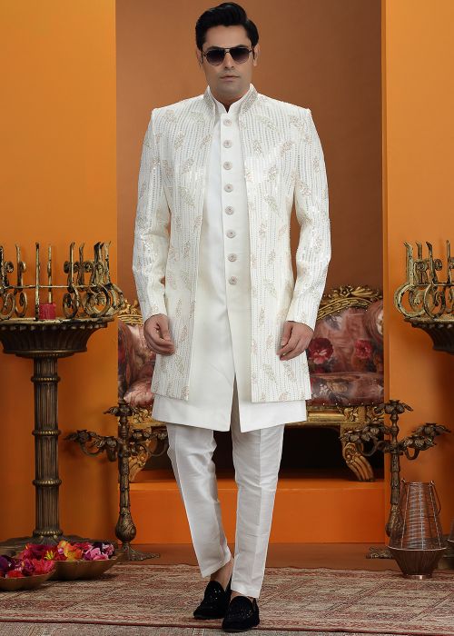 Cream Art Silk Indo Western Sherwani With Sequins