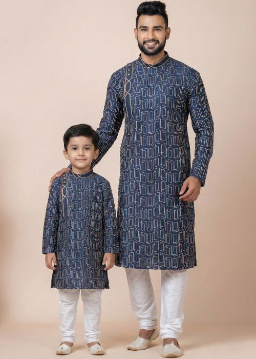 Navy Blue Father Son Combo Set With Printed Motifs
