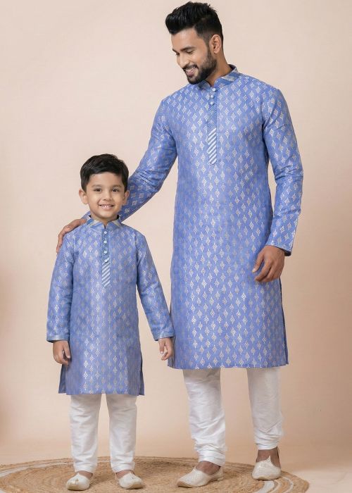 Sky Blue Father Son Kurta Pajama Set With Weave