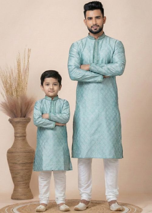 Turquoise Father Son Combo Set With Woven Work