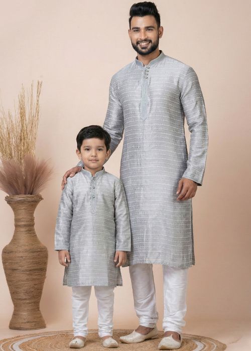 Grey Father Son Kurta Pajama With Subtle Weave