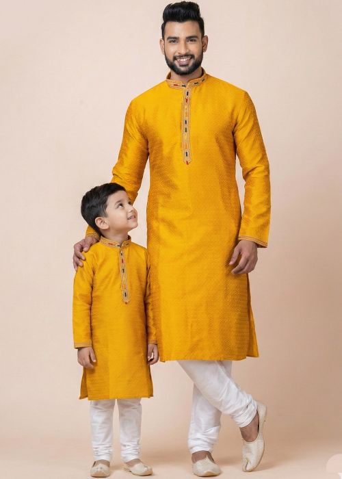 Yellow Father Son Combo Set With Woven Texture