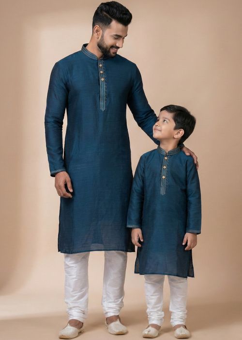 Teal Blue Jacquard Father Son Combo Set