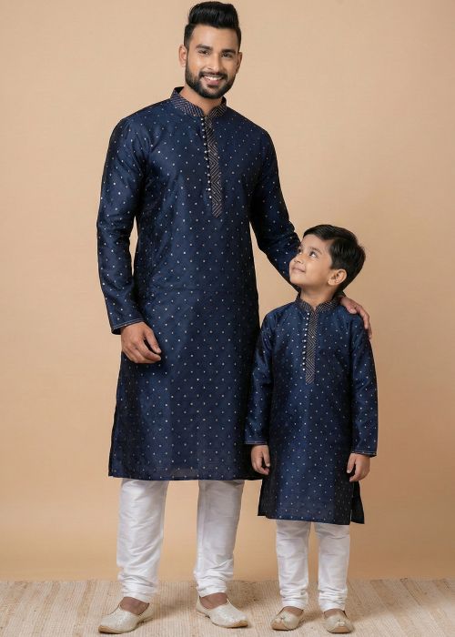 Navy Blue Father Son Combo Set With Dotted Weave