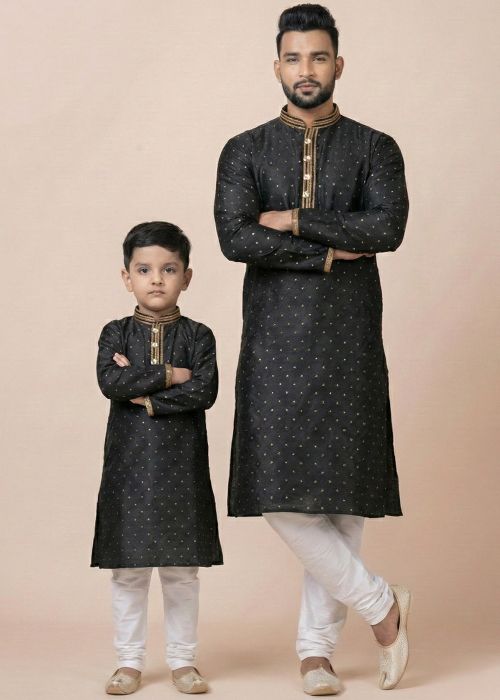 Black Father Son Combo Set With Woven Accents