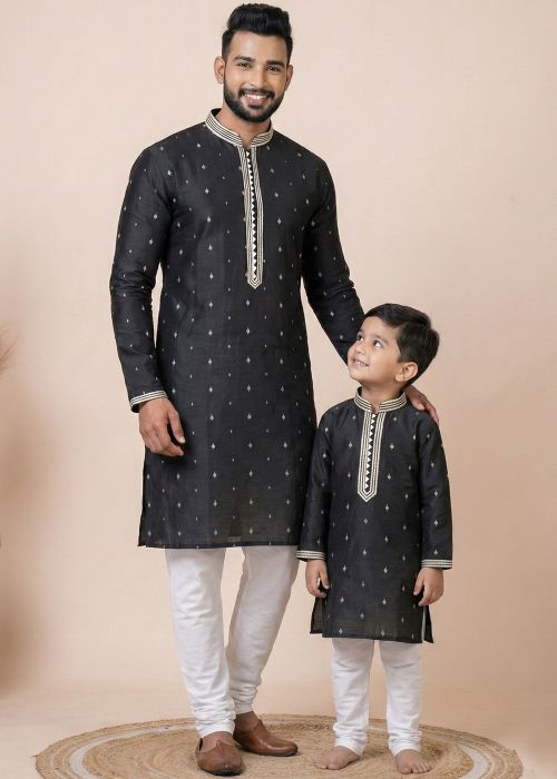 Black Father Son Combo Set With Ethnic Weave