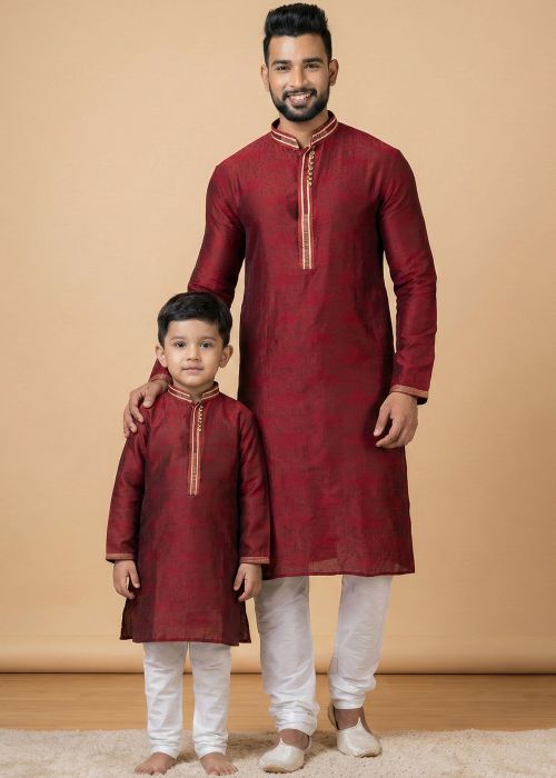 Maroon Father Son Combo Set With Woven Work