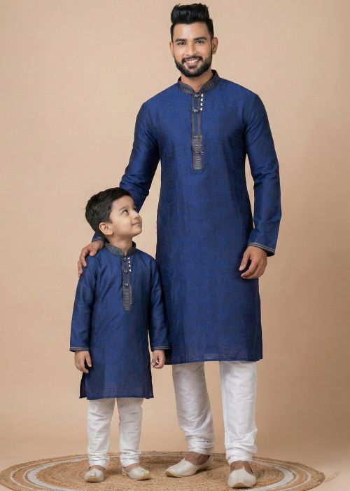 Navy Blue Father Son Combo Set With Woven Texture