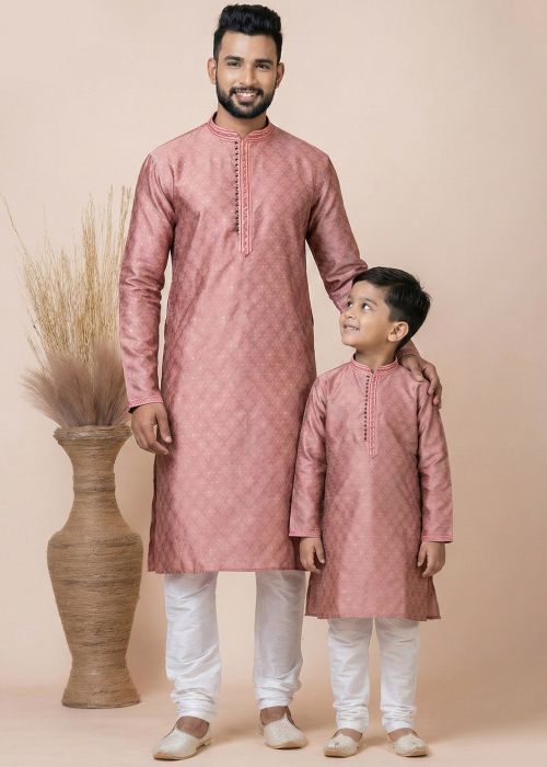 Peach Father Son Combo Set With Woven Motifs