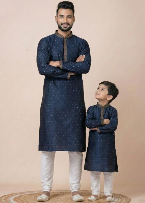 Midnight Blue Woven Father Son Kurta Pajama Set
