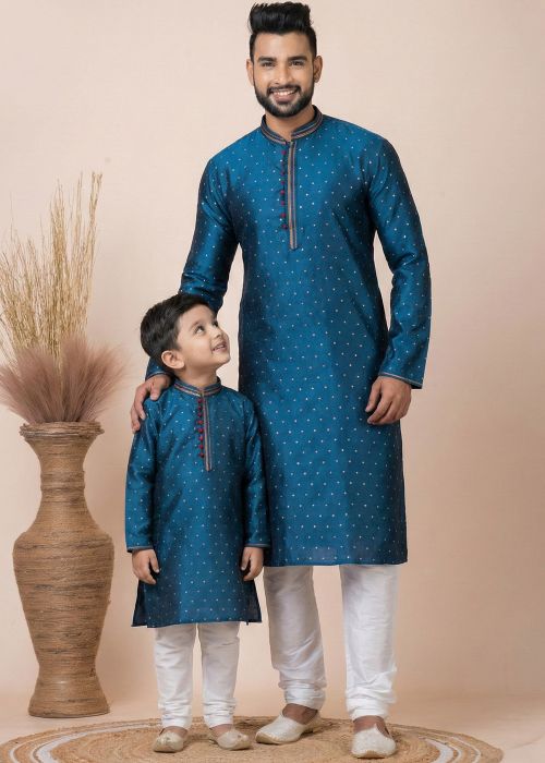 Teal Blue Father Son Combo Set With Woven Detail