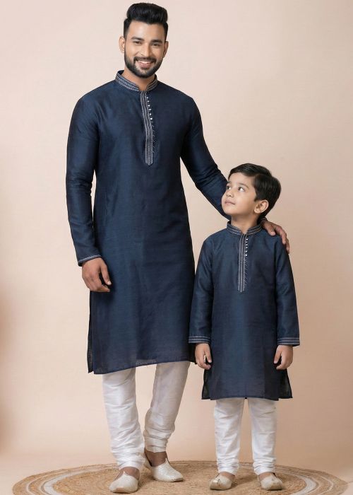 Dark Blue Jacquard Father Son Combo Set With Weave
