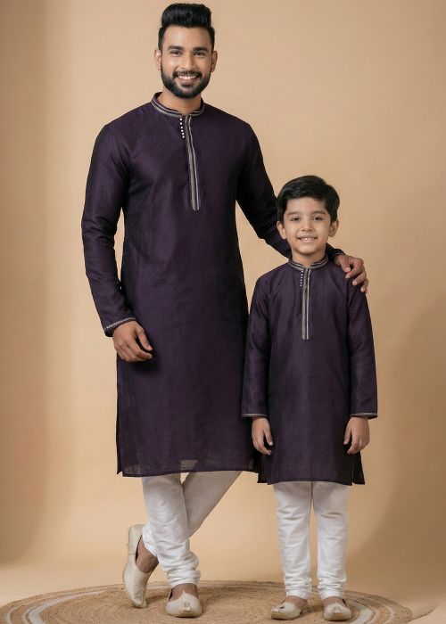 Purple Father Son Cmbo Set With Woven Work