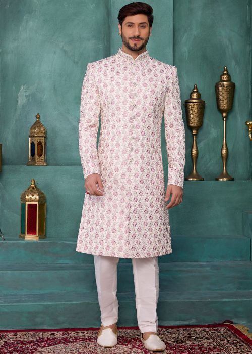 Cream Art Silk Sherwani Set With Floral Embroidery
