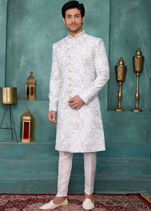 White Art Silk Sherwani With Paisley Embroidery