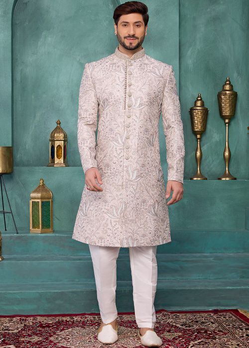 Beige Art Silk Sherwani With Thread Embroidery