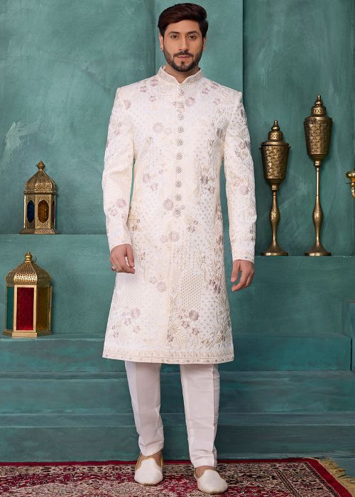 Cream Art Silk Sherwani With Gold Thread Embroidery