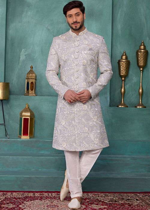 Grey Art Silk Sherwani With Detailed Thread Work