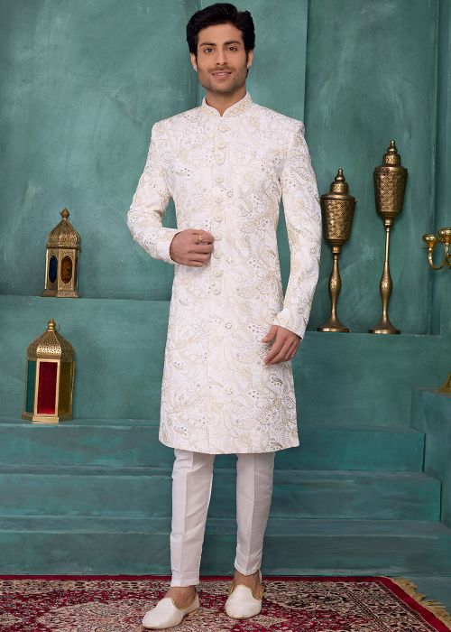 Cream Art Silk Sherwani With Thread Detailing