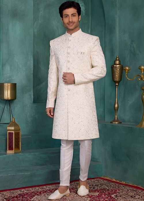 Cream Art Silk Sherwani With Minimal Sequins Work