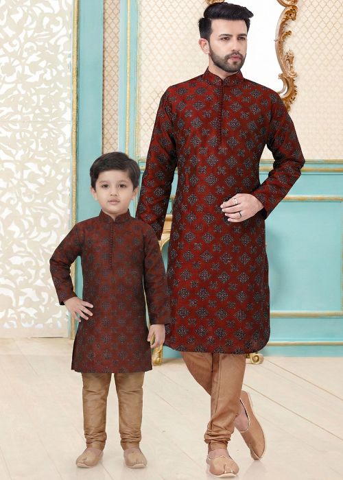 Maroon Printed Father Son Kurta Pajama Set