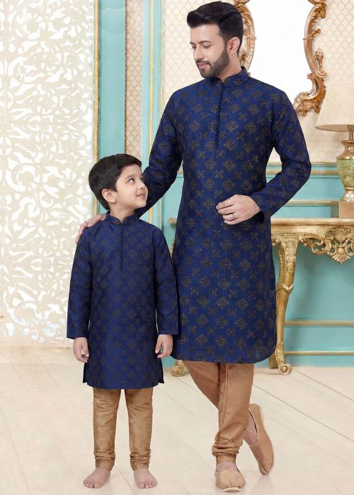 Navy Blue Printed Father Son Kurta Pajama Set