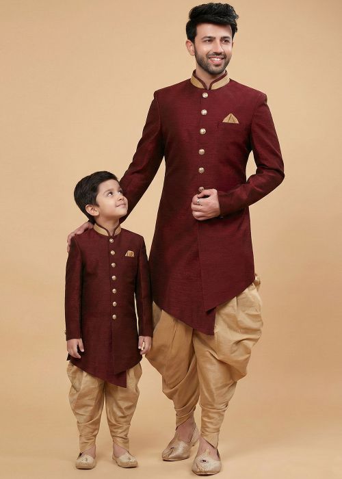 Maroon Dhoti With Sherwani Father Son Set