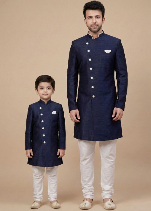 Navy Blue Indo Western Sherwani Father Son Set