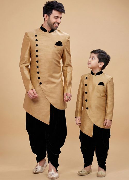 Beige Sherwani Dhoti Father Son Combo Set