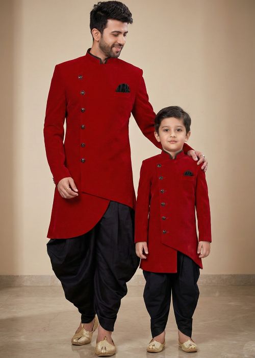 Red Father Son Dhoti Sherwani Combo Set