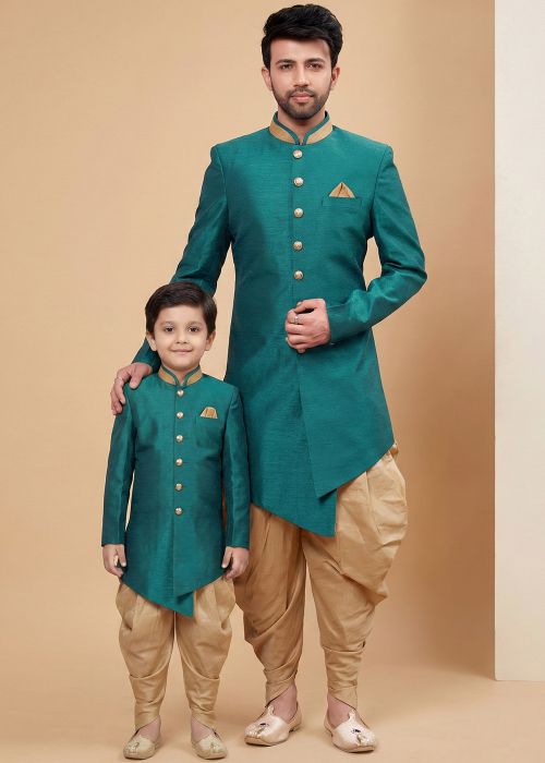 Teal Blue Dhoti With Sherwani Father Son Set