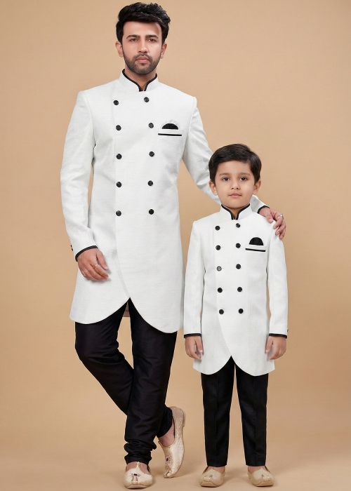White Indo Western Sherwani Father Son Set