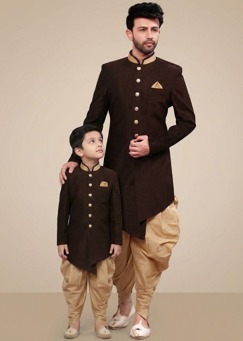Father Son Combo Brown Dhoti With Sherwani