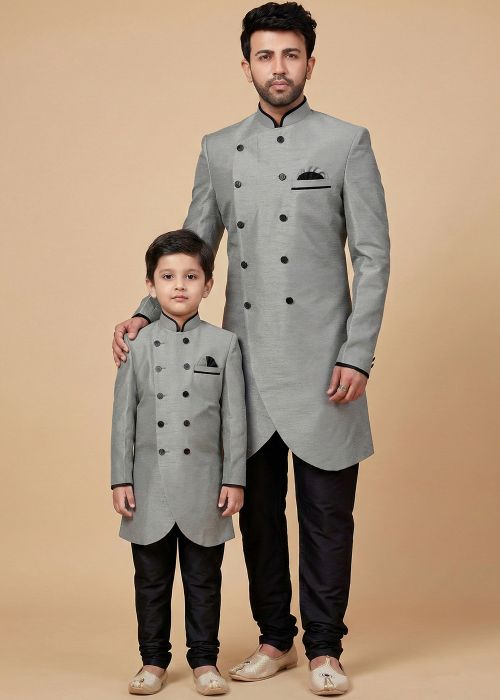 Grey Indo Western Sherwani Father Son Combo Set