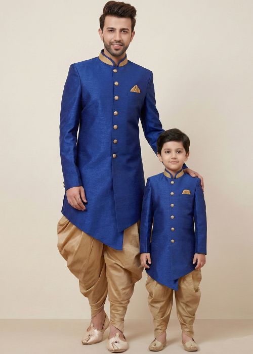 Royal Blue Dhoti With Sherwani Father Son Set