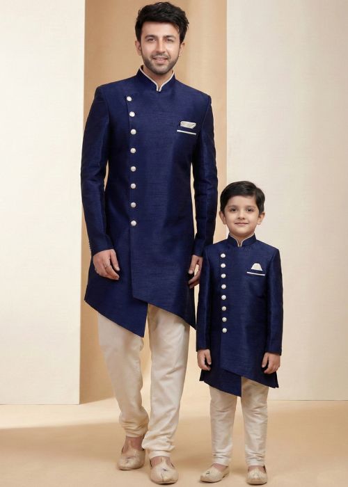 Navy Blue Indo Western Sherwani Father Son Set