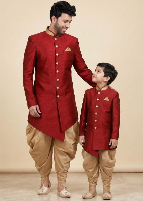 Red Dhoti Sherwani Father Son Combo Set