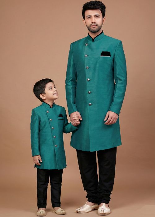 Teal Blue Indo Western Sherwani Father Son Set