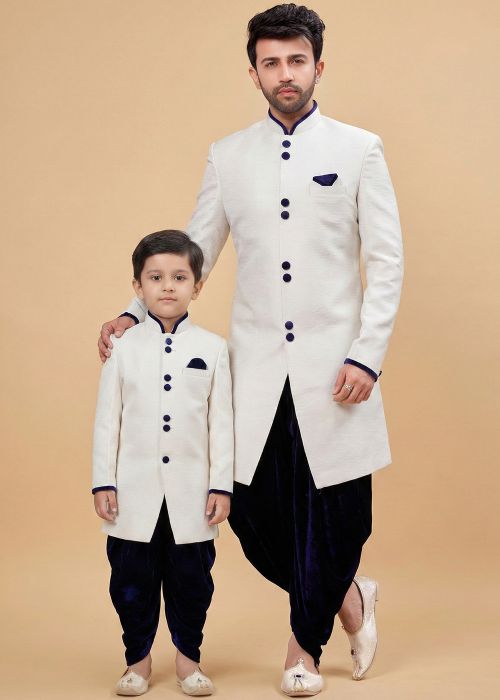 White Dhoti Sherwani Father Son Combo Set