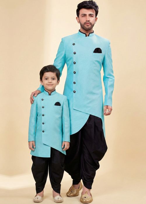 Aqua Blue Dhoti With Sherwani Father Son Set