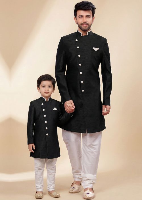 Black Indo Western Sherwani Father Son Set